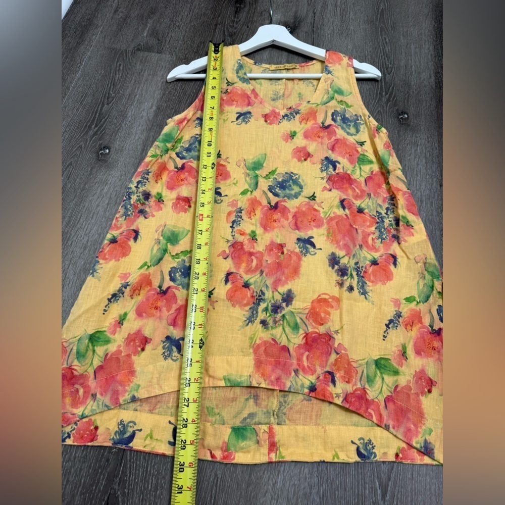 Cut Loose 100% Linen Mustard Yellow Floral Hi-Low Hem Flowy Tank XS Cottagecore - Picture 5 of 8